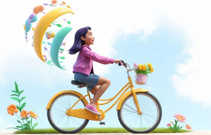 Happy Girl Riding Bicycle 3D Design Character Illustration image